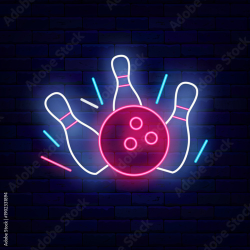 Bowling club neon icon. Ball and pin. Strike winning Sport tournament sign on brick wall. Light emblem. Editing text. Vector stock illustration