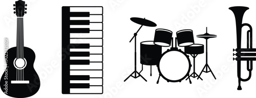 WebMinimalist black silhouette musical instrument icon set including acoustic guitar piano keyboard drum kit and trumpet isolated on white background for music education and design