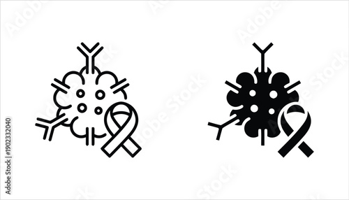 Immunotherapy concept with virus and awareness ribbon line art and solid icons