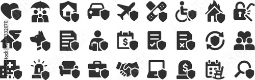 Insurance icons for health, home, car, travel, and life protection services