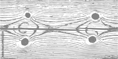 Abstract visualization of fluid dynamics with streamlined flow patterns around circular obstacles, monochrome graphic design