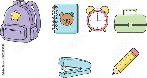 Cute School Supplies Illustration Set with Backpack Notebook Alarm Clock Pencil Case Stapler and Pencil