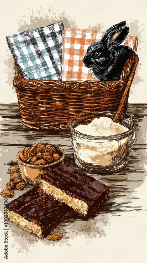 Obraz premium Rustic Bakery Delights With A Curious Rabbit Amidst Ingredients