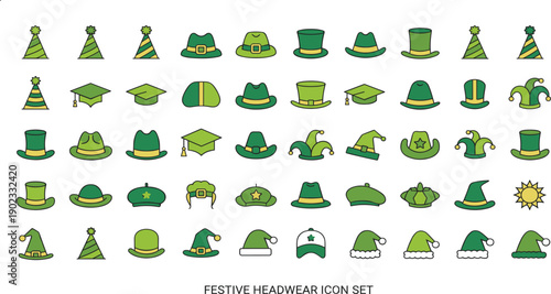 Festive Green Headwear Icon Set with Party Hats Leprechaun Caps and Holiday Headgear Collection