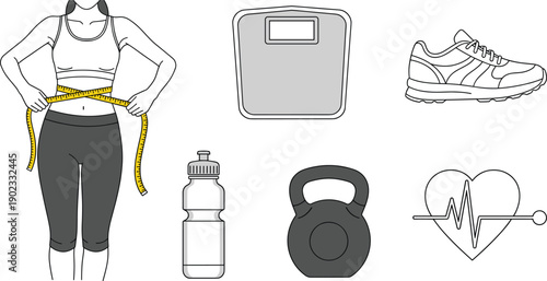 Fitness and Weight Loss Illustration Set with Woman Measuring Waist Scale Sneaker Water Bottle Kettlebell and Heart Icon