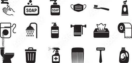 Hygiene web icon set with handwash, sanitation, cleanliness and health care symbols for UI design
