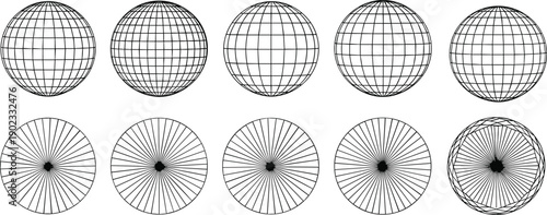 Wireframe globe sphere set, geometric line pattern illustration, abstract grid circles, technical design elements, minimal vector background