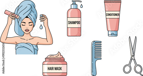 Hair Care Routine Illustration Set with Woman Shampoo Conditioner Mask Comb and Scissors Isolated on White