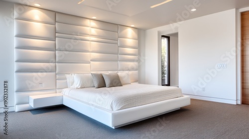 Wallpaper Mural Modern bedroom. Floating platform bed centered. Upholstered wall panels. Plain dark carpet. Hidden LED lighting. Torontodigital.ca