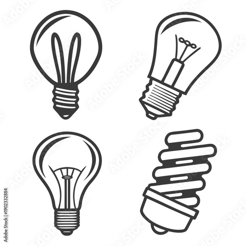 Four different types of light bulbs in black and white incandescent bulb fluorescent bulb 1