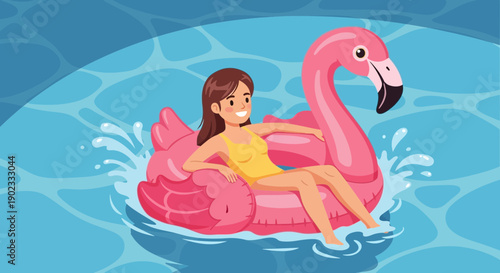Woman Relaxing on Pink Flamingo Pool Float in Summer Water