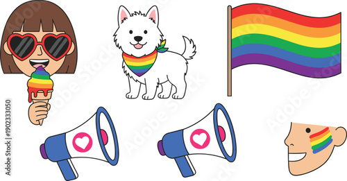 LGBT Pride Illustration Set with Rainbow Flag Dog Megaphone and Girl with Ice Cream Isolated