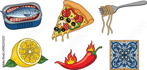 Mediterranean Food Illustration Set with Sardines Pizza Pasta Lemon Chili Pepper and Decorative Tile Isolated on White
