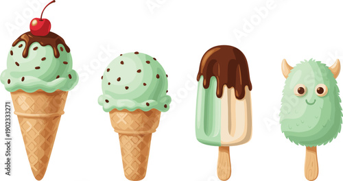 Mint Chocolate Ice Cream Illustration Set with Cone Popsicle and Cute Monster Character Isolated