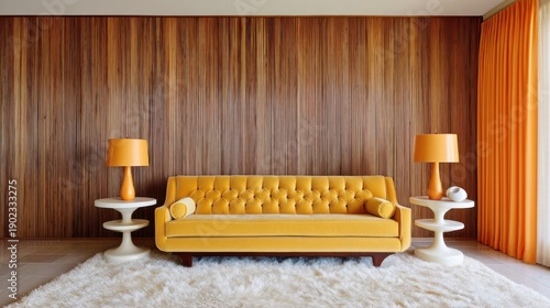 Wallpaper Mural Retro 70s living room. Mustard velvet sofa centered. Dark wood panel wall. Fluffy shag rug. Orange curtains. Torontodigital.ca