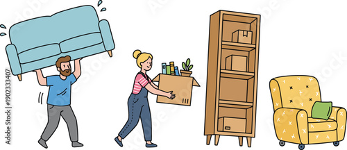 Moving house concept with tiny people carrying a blue sofa and box of books into a new home with furniture vector illustration.