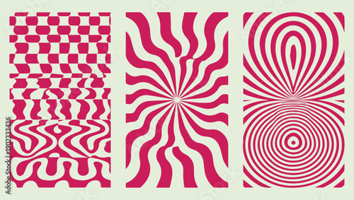 Abstract pink patterns checkerboard wavy lines and hypnotic spiral designs