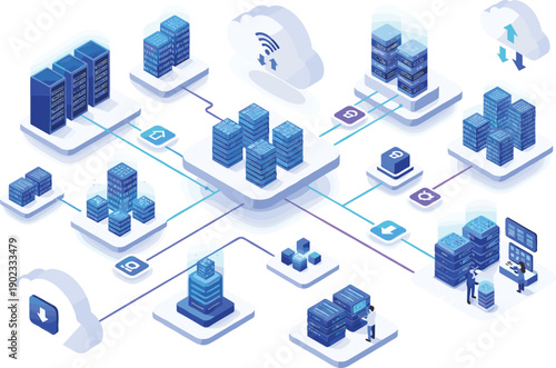 Isometric vector illustration of a massive cloud data center infrastructure featuring interconnected server clusters, network nodes, and high-speed data transfer symbol