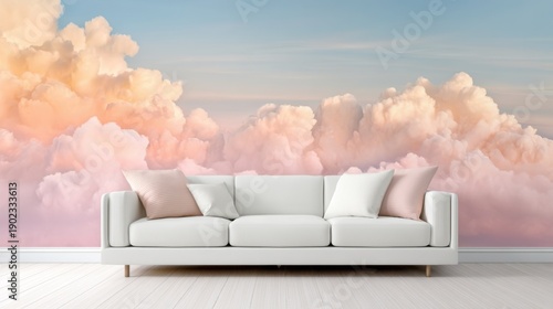 Wallpaper Mural Scandi modern living room. Pastel cloudscape mural wallpaper. Soft fluffy clouds in white and cream tones. White modular sofa centered. Dreamy. Torontodigital.ca