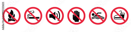 Prohibited signs collection for no fire no smoking no noise no entry no swimming no food