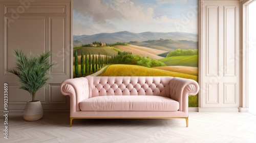Wallpaper Mural Scandi modern living room. Tuscan hills landscape painting style mural. Hazy golden hour light. Champagne sofa centered. Rustic elegant vibe. Torontodigital.ca