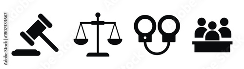 Justice and law icons including gavel scales of justice and handcuffs