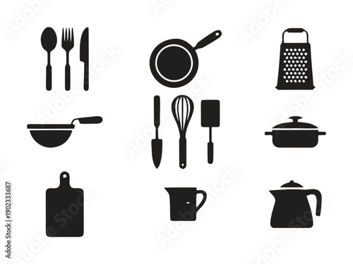Kitchenware and cooking utensil icons in a minimalist style.