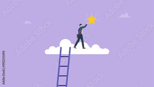 Success businessman climb up ladder up into the cloud to reaching and grab precious star. Business champion succeed to get reward, winning star employee, career path or dream job.