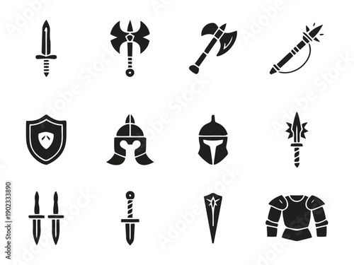 Medieval armor and weapons, sword, shield, and helmet icons