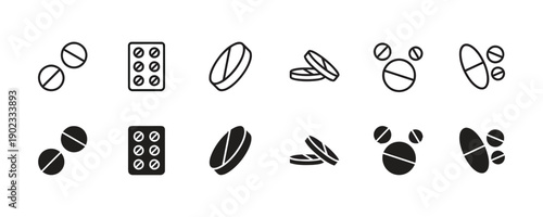 Medicine pills and blister pack icons in outline and solid styles for healthcare