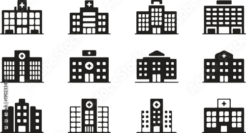 Modern hospital buildings in different architectural styles representing healthcare facilities