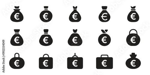 Money bag and briefcase icons with euro symbol, representing finance and business, black icons on white