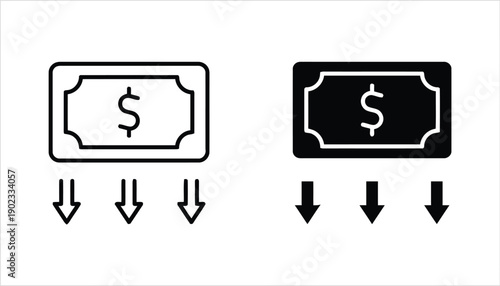 Money outflow icon outline and solid style with falling banknotes for finance