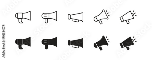Multiple megaphone icons in outline and solid fill styles for communication