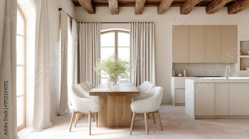 Wallpaper Mural wabi sabi minimal kitchen, light cream walls, matte milk cabinets, rough oak island, terracotta floor, light beige linen dining chairs, ivory cotton curtains Torontodigital.ca