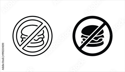 No hamburger icon outline and solid black circle forbidden food sign