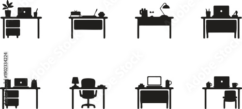 Office desk setups, modern and functional workspace illustrations