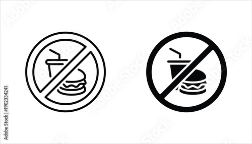 No food or drink icon outline and solid black circle crossed out meal