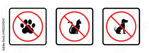 No pets allowed signs featuring paw print, cat, and dog