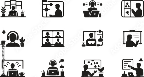 Online meeting icons depicting teamwork and remote work in a modern digital office