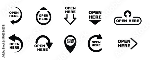 Open here arrow icons and signs for package opening and directional guidance