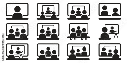 Online meeting and webinar icons showing people interacting on computer screens
