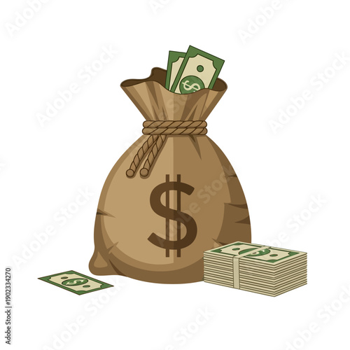 Money Bag with Dollar Sign and Stack of Cash - Wealth and Fortune Concept
