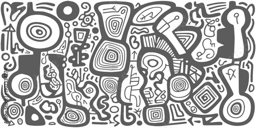 Abstract doodle art pattern with organic shapes and swirls, hand-drawn style, monochromatic gray and white background illustration