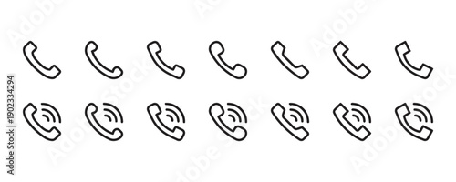 Outline collection of phone handset icons with and without call signal indicators