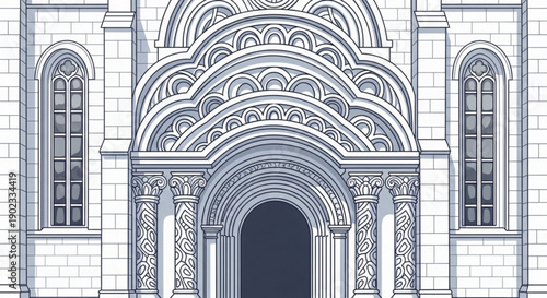 Intricate stone archway entrance with ornate details on a white brick building facade