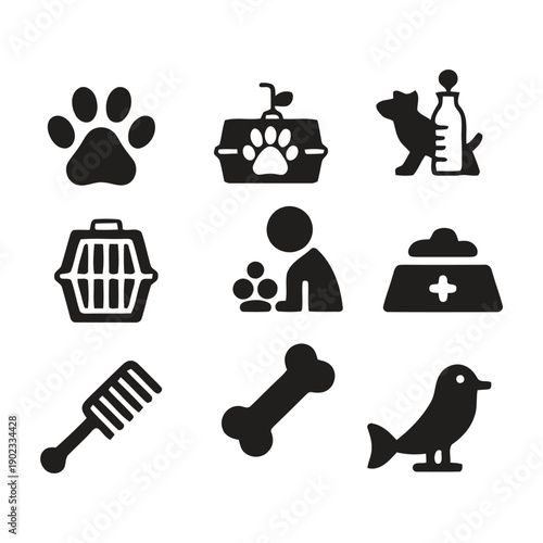 Pet care icon set with paw print, carrier, food bowl, brush, bone, bird, and dog with bottle