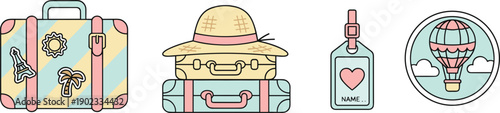 Travel vector set with vintage suitcase summer straw hat luggage tag and hot air balloon icon isolated on white background.