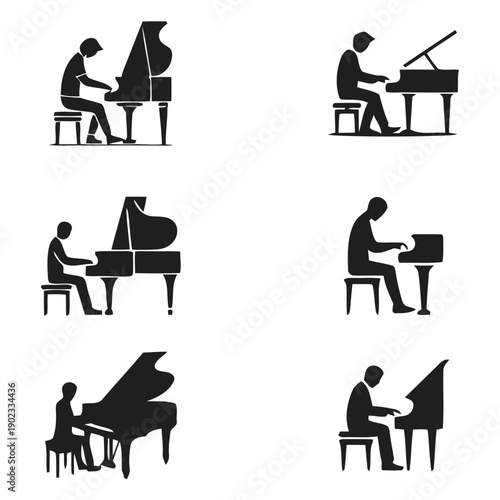 Pianist icons vector set flat style with silhouettes of people playing grand pianos