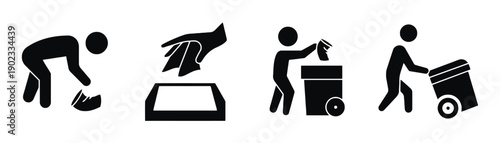 Pictograms depicting actions related to cleaning and waste disposal